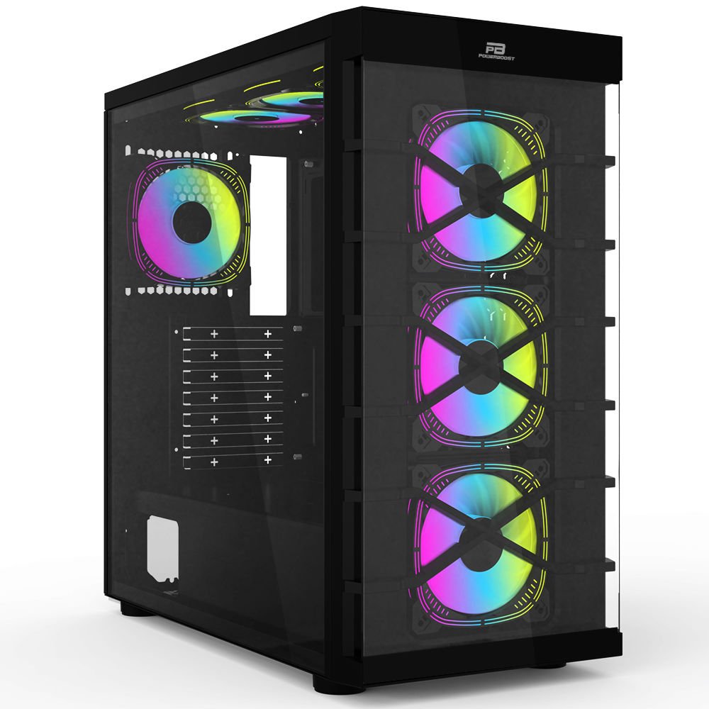 PowerBoost PB-GR222BB USB3.0 Full Siyah Tempered Glass 7xRGB Fanlı kasa (PSU Yok)