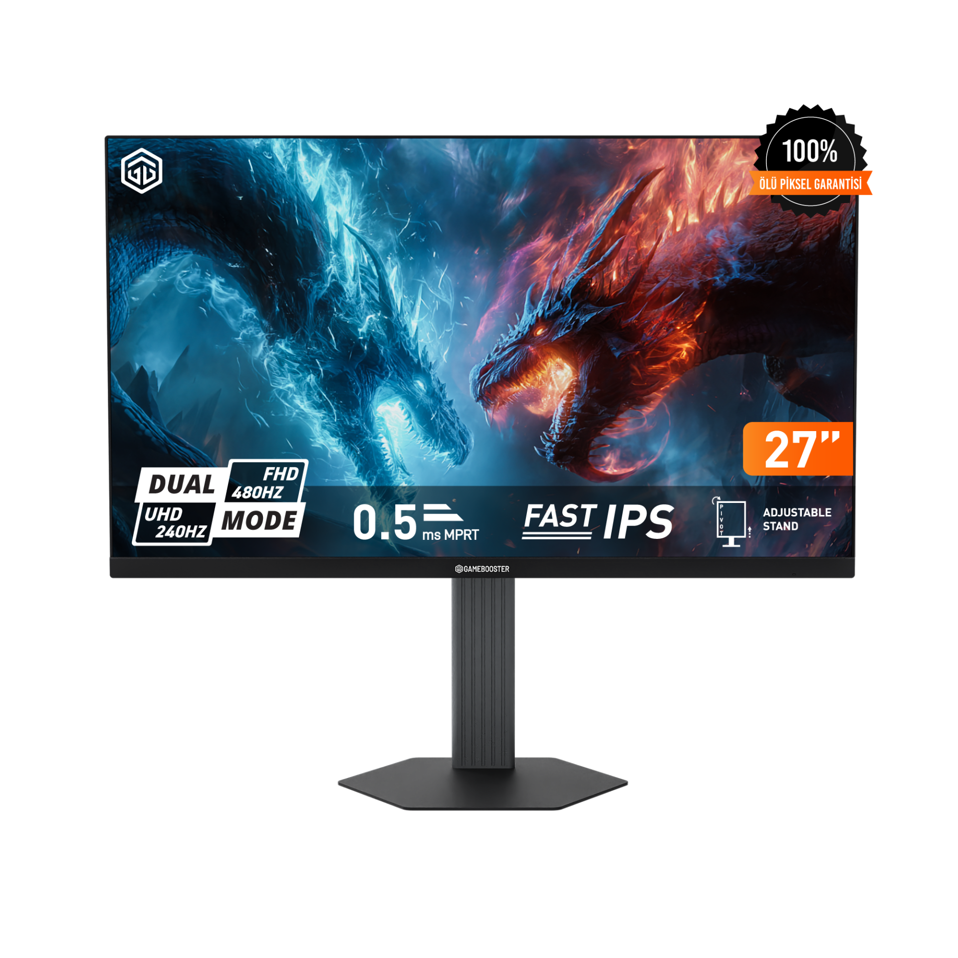 GameBooster ATLAS DUAL FU48 27'' 4K UHD 240Hz - FHD 480Hz Fast IPS 0.5ms 2*HDMI + 2*DP HDR400 Hoparlörlü Pivot Flat Gaming Monitör