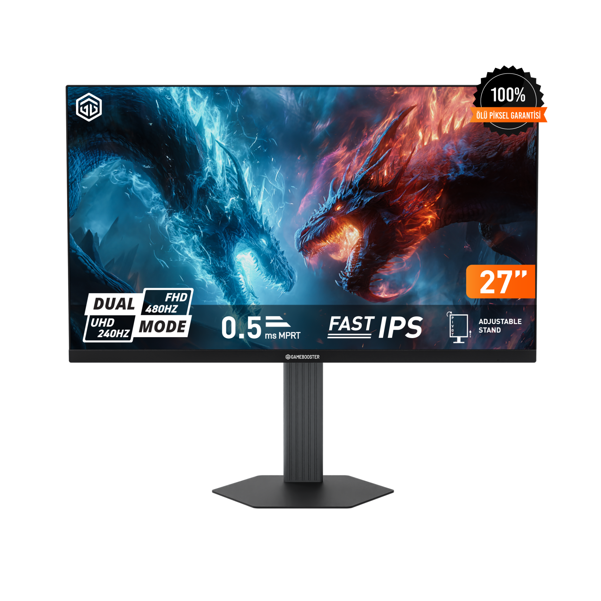GameBooster ATLAS DUAL FU48 27'' 4K UHD 240Hz - FHD 480Hz Fast IPS 0.5ms 2*HDMI + 2*DP HDR400 Hoparlörlü Pivot Flat Gaming Monitör